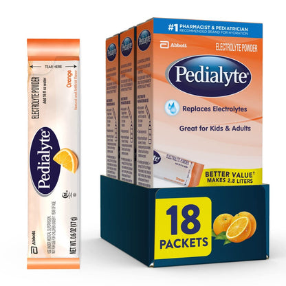Pedialyte Electrolyte Powder Packets Orange Hydration Drink 18 Single-Serving Powder Packets