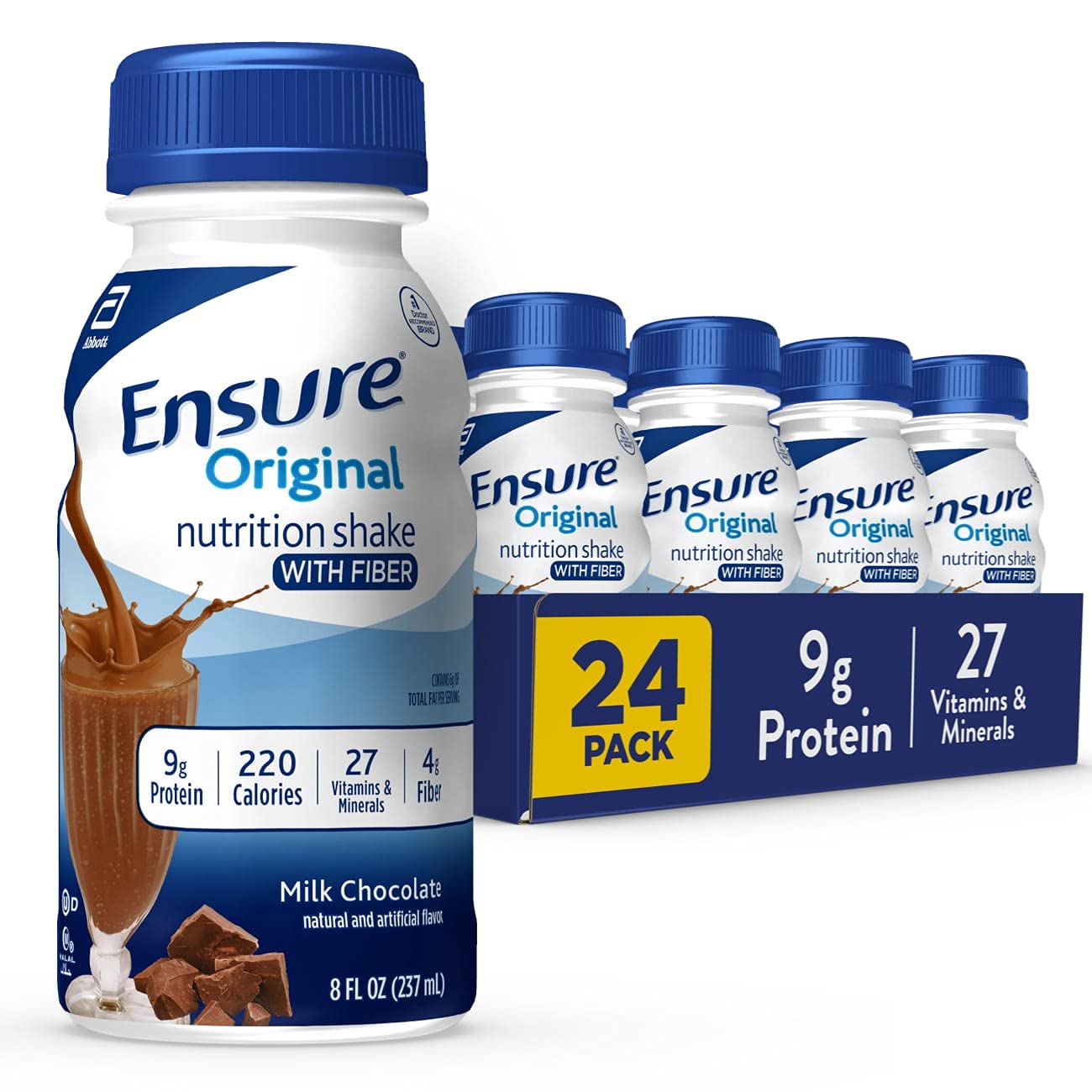 Ensure Original Milk Chocolate Nutrition Shake with Fiber| Meal Replacement Shake | Ready To Drink | 9g Protein 27 Vitamins and Minerals | 8 fl oz - 24 Pack