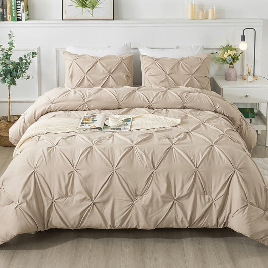 Andency Khaki Pinch Pleat Comforter Full(79x90Inch) 3 Pieces(1 Pintuck Comforter and 2 Pillowcases) Pintuck Comforter Set Microfiber Down Alternative Comforter All Season Bedding Set