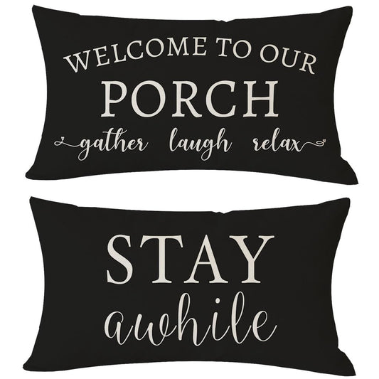 PANDICORN Welcome to Our Porch Stay Awhile Farmhouse Black and White Outdoor Lumbar Decorative Throw Pillow Covers 12x20 Inch Set of 2 Cozy Relax Porch Patio Decorations for Home Couch Bench Decor