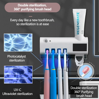 UV Light Sterilizer Toothbrush Holder Cleaner & Automatic Toothpaste Dispenser with double sterilization features.