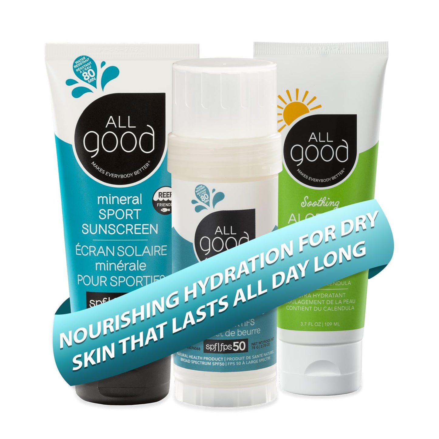 All Good Sport Mineral Sunscreen & Aloe Gel Bundle - UVA/UVB Broad Spectrum Water Resistant - Includes (1) SPF 50 Butter Stick (1) SPF 30 Lotion & (1) Aloe Gel