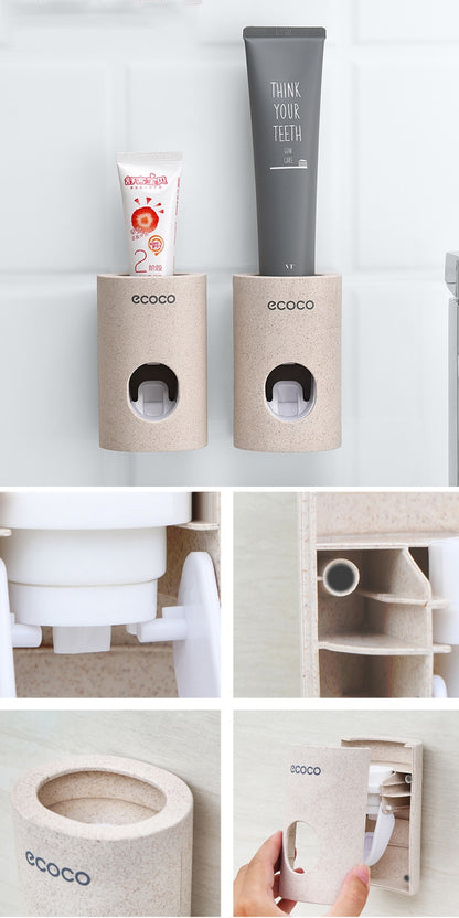 Automatic Wall-Mounted Toothpaste Dispenser (Single) showcasing two toothpaste tubes in a modern bathroom setting.