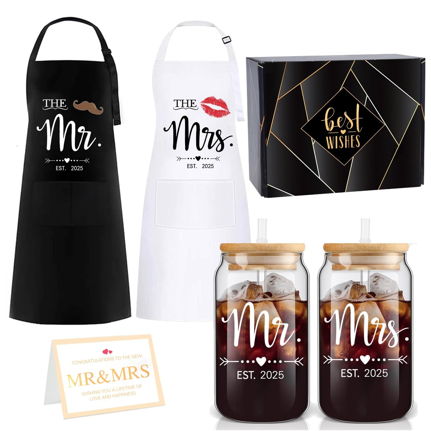 4MELLY Mr Mrs Est 2025 Glass Cup and Apron Gift SetCouples Engagement Gift Bridal Shower Gifts for Couple Newlyweds Gifts Christmas Wedding Gifts for Couple Kitchen Gifts