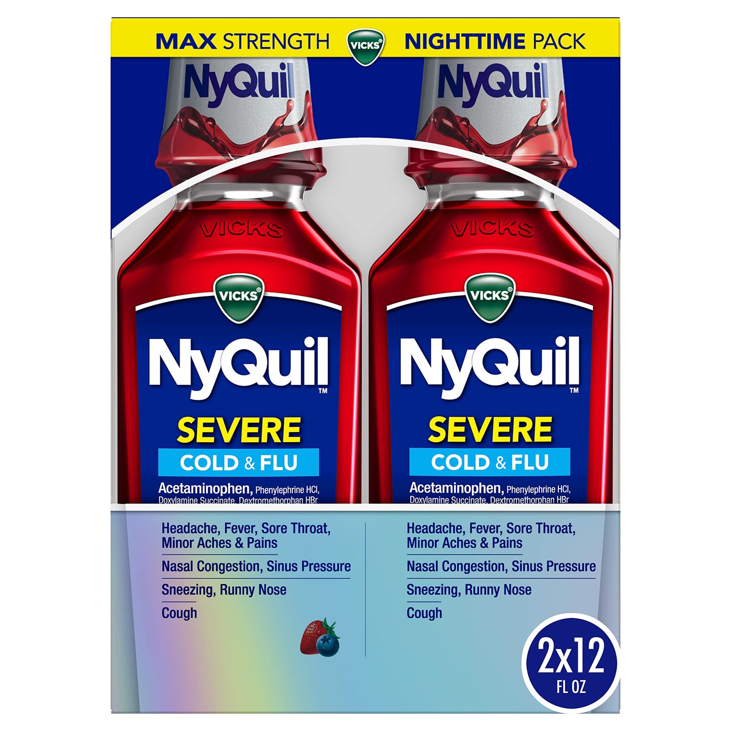 Vicks NyQuil SEVERE Cold Flu and Congestion Medicine 2x12 fl oz Twin Pack Berry Flavor Maximum Strength Nighttime Relief