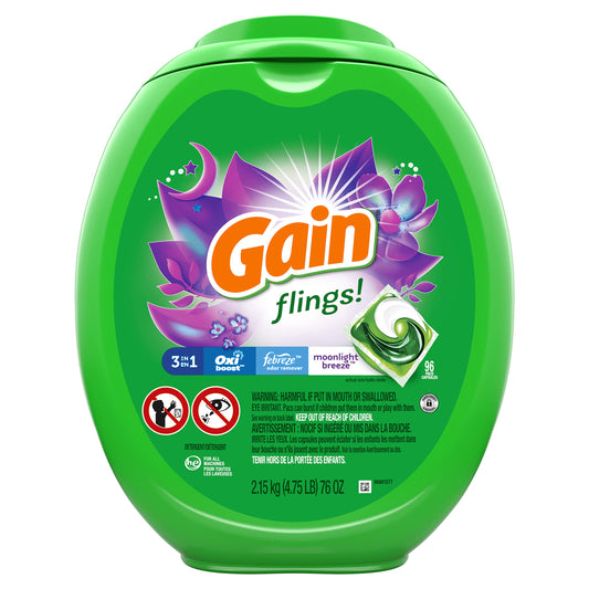 Gain flings! Laundry Detergent Soap Pods High Efficiency (HE) Moonlight Breeze Scent 96 Count
