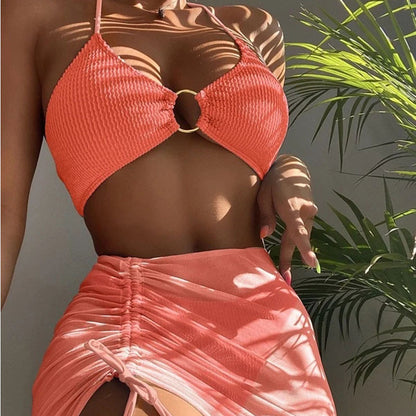 Women's Pleated Bikini with Steel Ring for Vacation