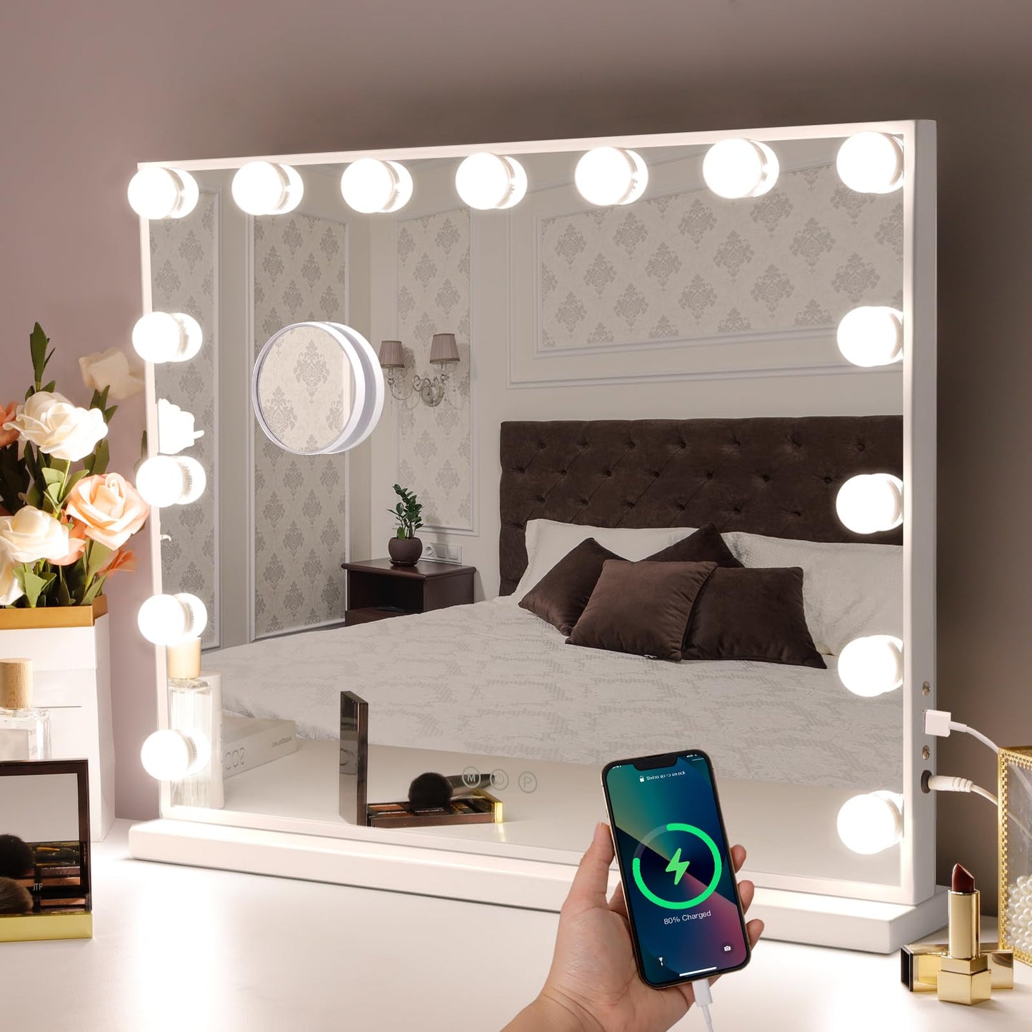 Hansong Vanity Mirror with Lights 22x18 Hollywood Mirror Makeup Mirror with 15 Dimmable Bulbs 10X Magnification and USB Charging Port White
