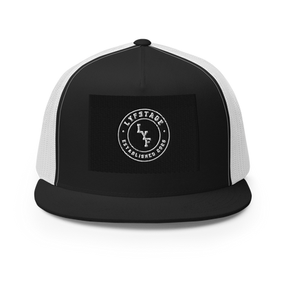 LYF 5 Panel Trucker Cap | Yupoong 6006 in black with white mesh sides and logo, flat bill, and snapback closure.