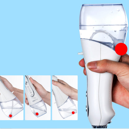 Portable Water Flosser And Pik For Dental Hygiene in use, showcasing ergonomic design and water jet feature.