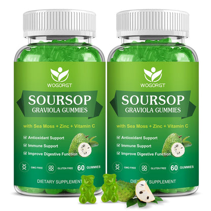 Soursop Graviola Gummies with Sea Moss Extract - Antioxidant Cell Support & Regeneration Immune Support Soursop Leaves Gummies with Sea Moss Vitamin C & Zinc Apple Flavor - 60 Gummies(2 Pack)