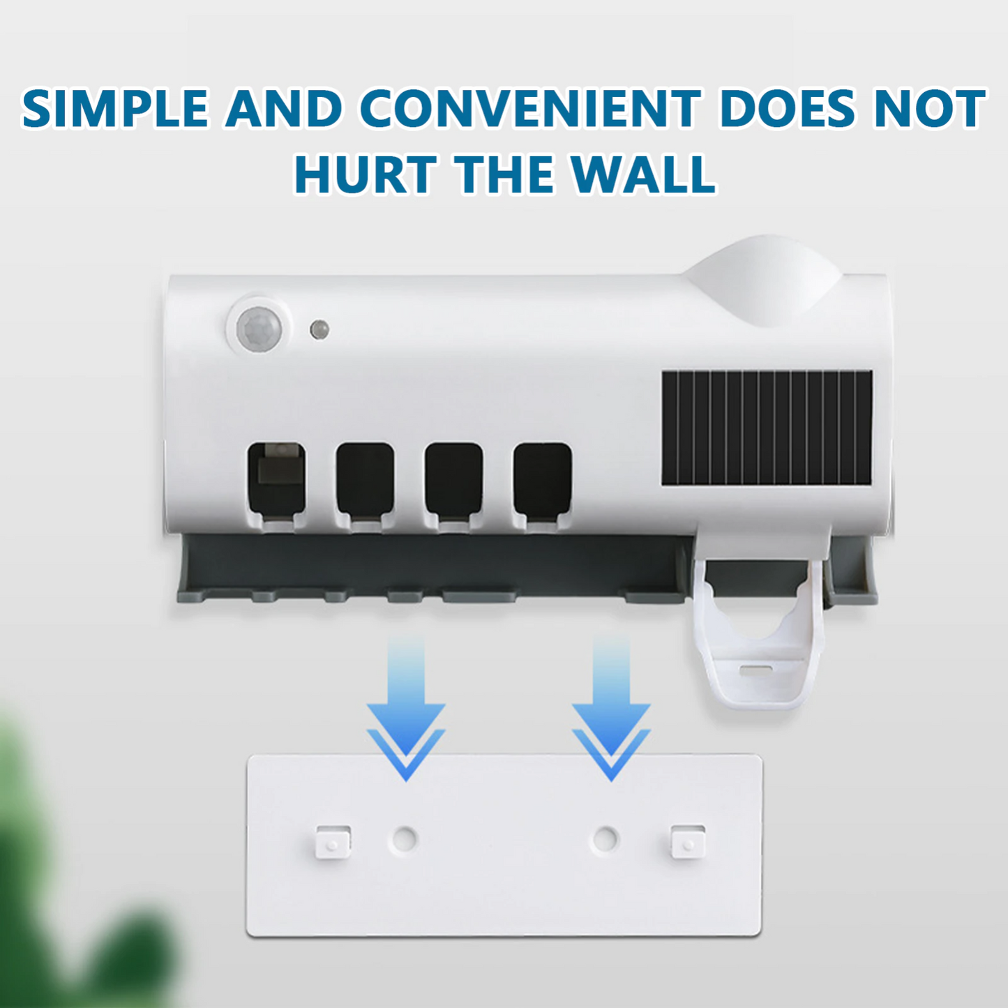 UV Light Sterilizer Toothbrush Holder Cleaner & Automatic Toothpaste Dispenser with wall-mount features.