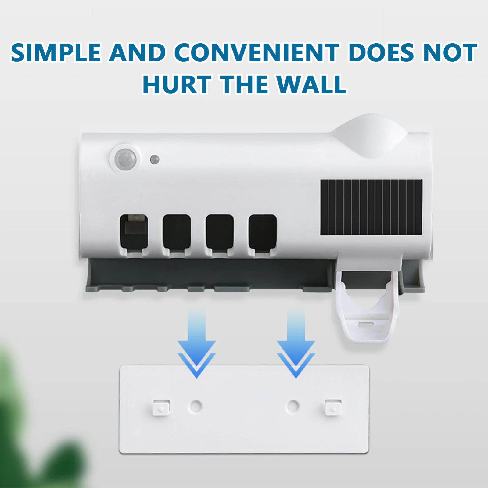UV Light Sterilizer Toothbrush Holder Cleaner & Automatic Toothpaste Dispenser with wall-mount features.