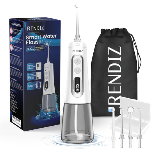 cordless water flosser with 9 modes - RENDIZ product image featuring sleek design and accessories.