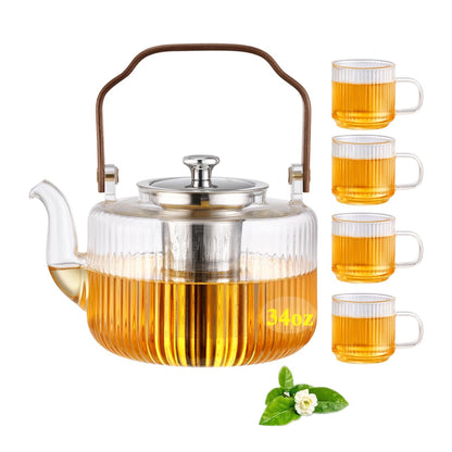 Glass Tea Pot with Infusers for Loose Tea Clear TeaPot Stovetop Safe Vintage Kettle Teapot with 4 Ribbed 2.5oz Tea Cup Unique Tea Maker Gift for Loose Leaf Blooming - 34oz (1000ml)