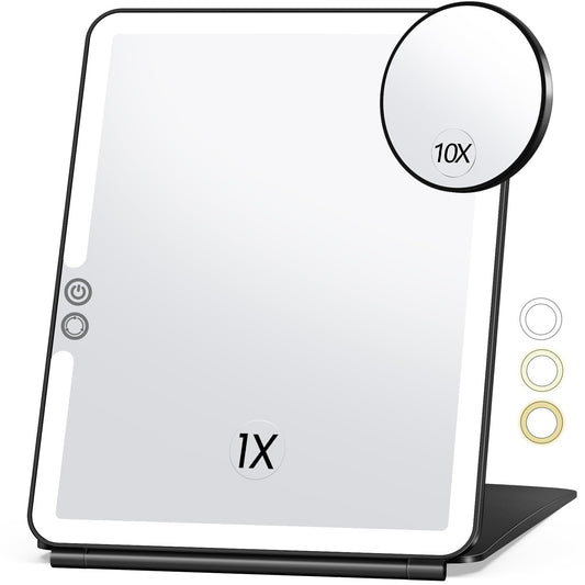 Large Travel Makeup Mirror with 10X Magnifying Mirror Travel Lighted Mirror 3 Color Lighting Rechargeable 2000mAh Batteries Portable Ultra Slim Vanity Mirror Travel Accessories for Women(Black)