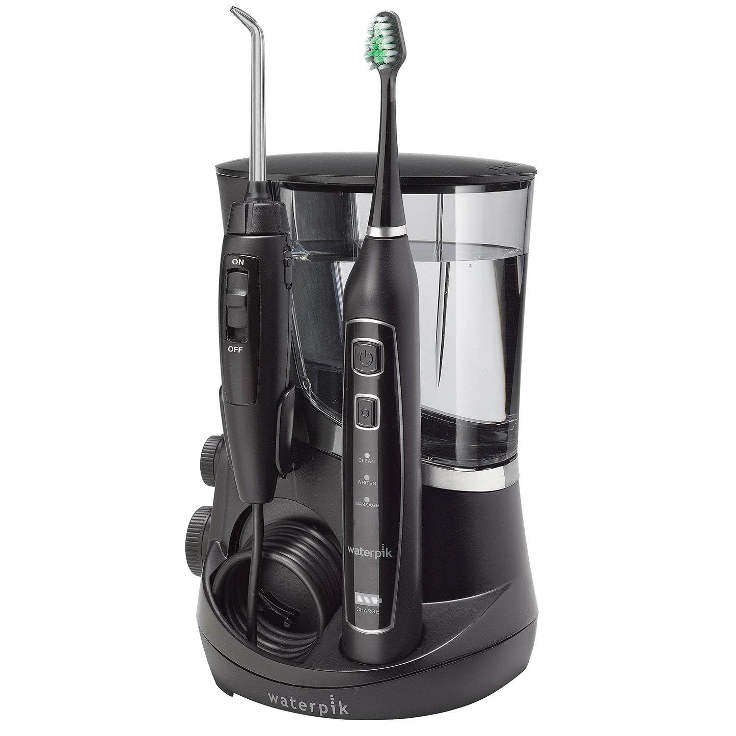 Waterpik Complete Care 5.0 Water Flosser and Sonic Toothbrush WP-862 in black on a countertop.