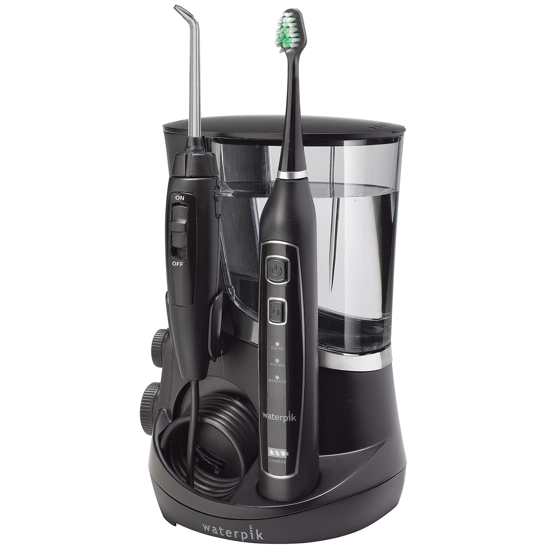 Waterpik Complete Care 5.0 Water Flosser and Sonic Toothbrush WP-862 in black on a countertop.