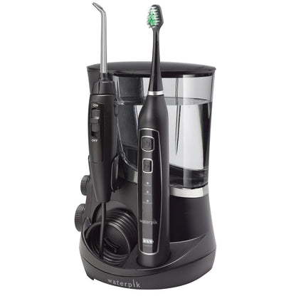 Waterpik Complete Care 5.0 Water Flosser and Sonic Toothbrush WP-862 in black on a countertop.