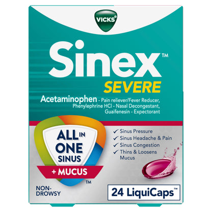 Vicks Sinex SEVERE All-In-One Sinus + Mucus Relief Non-Drowsy Loosens Mucus Maximum Strength Relief of Pain Pressure Congestion & Headache Relief 24 LiquiCaps