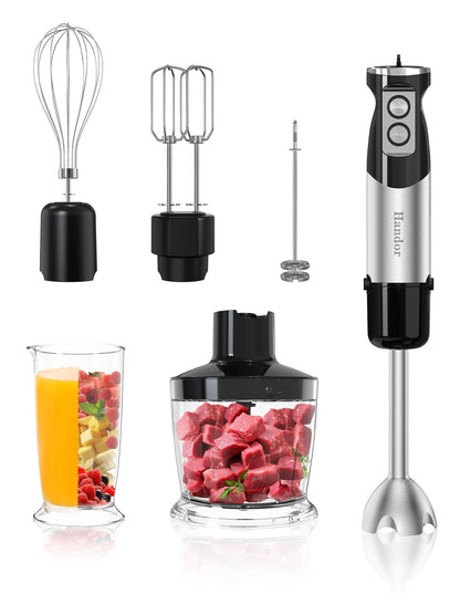 1000W 6-in-1 Immersion Blender Handheld 12 Speed Hand Blender with 600ml Mixing Beaker 500ml Chopper 304 Stainless Steel Blades Whisk Milk Frother For Soup Smoothie Sauce Pureel