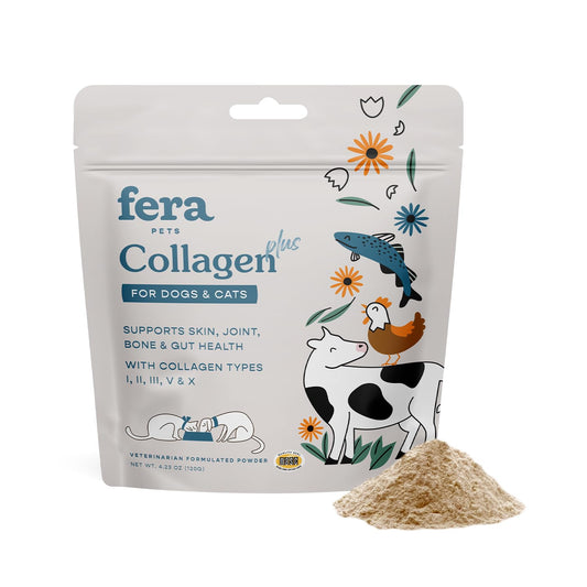 Fera Pet Organics Collagen Plus Cat & Dog Food Topper – Vet Created Support for Pet Joints Skin Bone & Immune System with Collagen + Vitamin C – Powder Supplement - 4.23oz