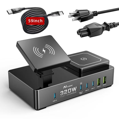 Wireless Charger 8 in 1 320W USB C Charging Station Magnetic Travel Wireless Charging Station Multiple Devices USB C Charger Block Compatible for iPhone16/15/14/13/12/Pro/Max AirPods 4/3/2/Pro