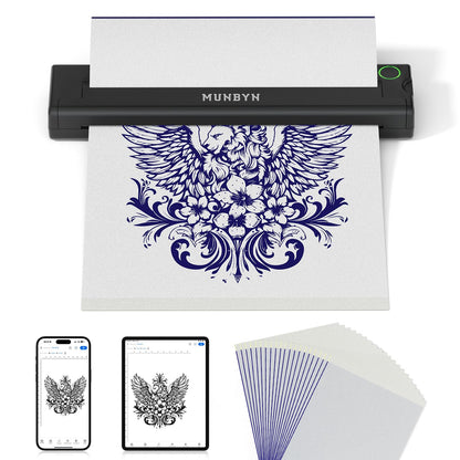 MUNBYN Tattoo Stencil Printer ITP05 Wireless Thermal Tattoo Printer with 20 Transfer Papers Compatible with Android and iOS Phone/Tablet & PC Tattoo Printer for Tattoo Artists & Beginners (Black)
