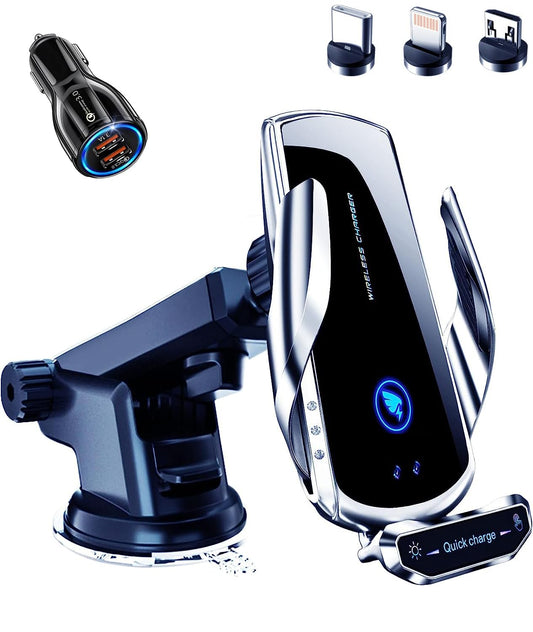 Wireless Car Charger Mount 15W Qi Fast Charging Auto Clamping Windshield Dashboard Suction Cup Air Vent Cell Phone Holder Bracket Compatible with All Smartphone (Silver+Suction Cup+QC3.0)