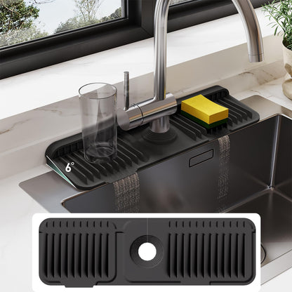 24 Inch Silicone Faucet Mat for Kitchen Sink Splash Guard Behind Faucet6°Slope Sink Water Splash Guard Draining Mat for Kitchen Sink Area Faucet Mat for Bathroom Sink with Fasten Button-Black