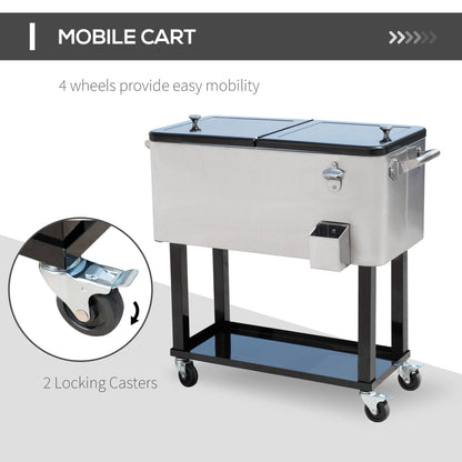 Outsunny 80 Qt Rolling Cooling Bins Ice Chest On Wheels Outdoor Stand Up Drink Cooler Cart For Party, Silver Silver Plastic
