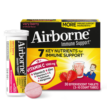 Airborne 1000mg Vitamin C with Vitamin D & Zinc SUGAR FREE Multivitamin Immune Support Supplement Antioxidants Vitamins A C & Vitamin E 30 Effervescent Tablets Very Berry Flavor