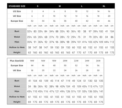 Size chart for light pink strapless prom dress including US, UK, and European size conversions, bust, waist, and hip measurements.