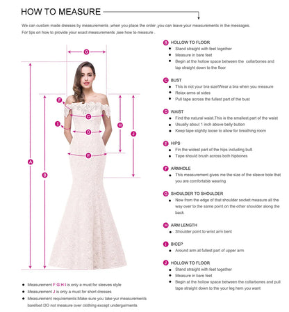 How to measure for a customized dress, including bust, waist, hip, arm length, and hollow to floor measurements.