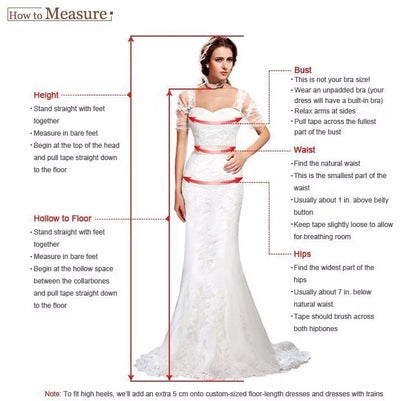 How to measure for mermaid evening dresses with height, bust, waist, hollow to floor, and hips illustrated.