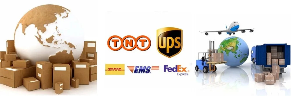 Global shipping services with logos of TNT, UPS, DHL, EMS, and FedEx alongside shipping containers and a globe.