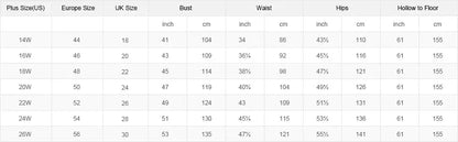Size chart for plus size dresses including bust, waist, hips measurements and hollow to floor details in inches and cm.