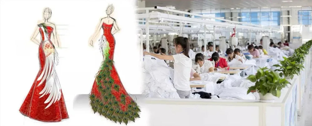 Mermaid evening dresses design sketches next to a busy dressmaking workshop.