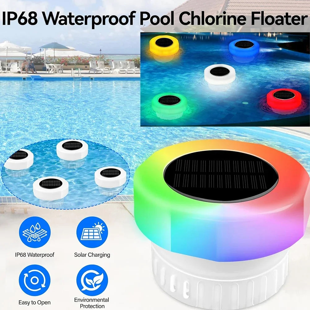 Solar Pool Floating Chlorine Dispenser Swimming Pool Chlorine Floater Bromine Tablets Dispenser with Colorful Light for Spa Tub
