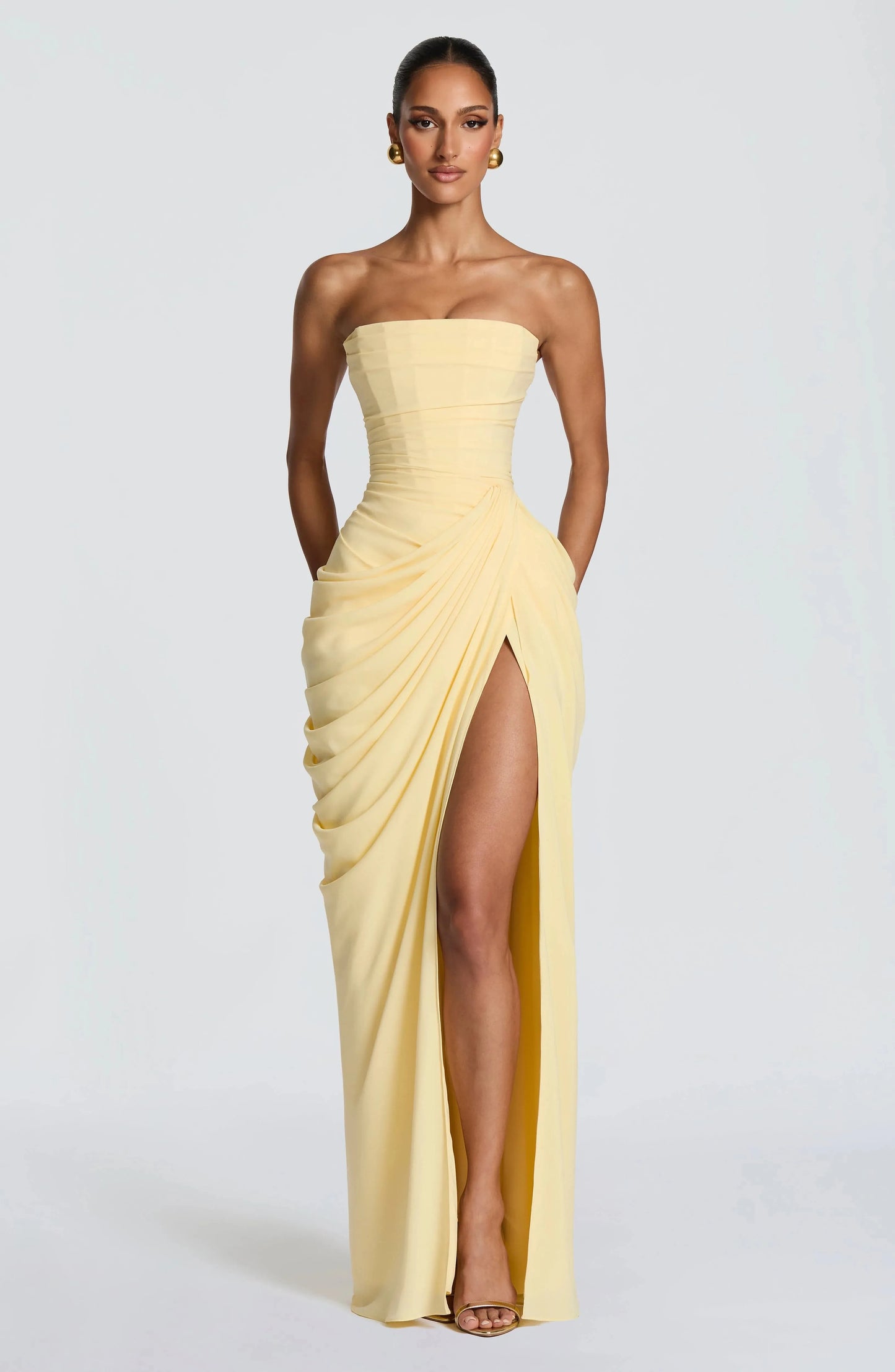 Yellow Chiffon Maxi Dress Elegant Halter/Strapless Ruched Formal Evening Gown High Slit Prom Dress for Wedding Cocktail Party