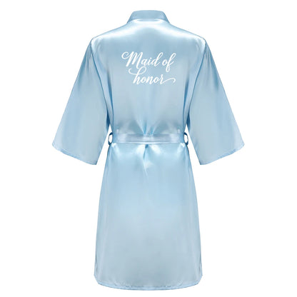 Light blue women's satin robe short kimono for bride and bridesmaid with white letter, wedding party satin robe.