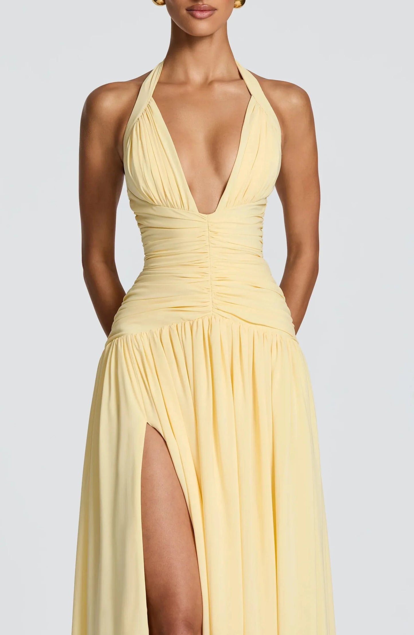 Yellow Chiffon Maxi Dress Elegant Halter/Strapless Ruched Formal Evening Gown High Slit Prom Dress for Wedding Cocktail Party