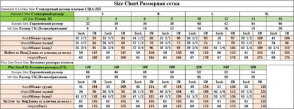 Size chart for women's dresses including standard and plus sizes, measuring bust, waist, hip, and height for accurate fitting.