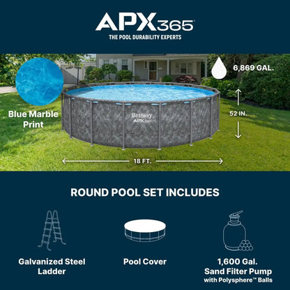 APX 365 18 x 52 Above Ground Pool, Round Metal Frame Outdoor Swimming Pool Set with Sand Filter Pump, Ladder, and Cover, Custom