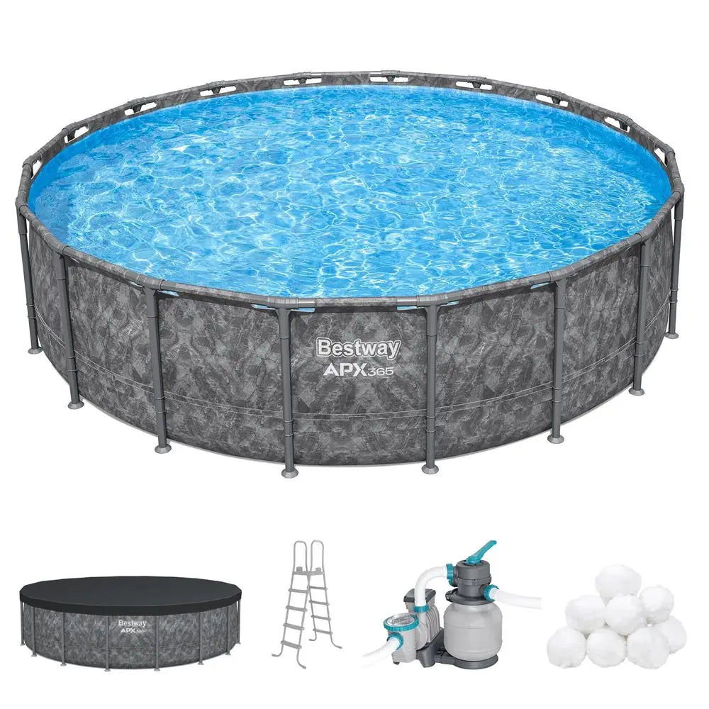APX 365 18 x 52 Above Ground Pool, Round Metal Frame Outdoor Swimming Pool Set with Sand Filter Pump, Ladder, and Cover, Custom