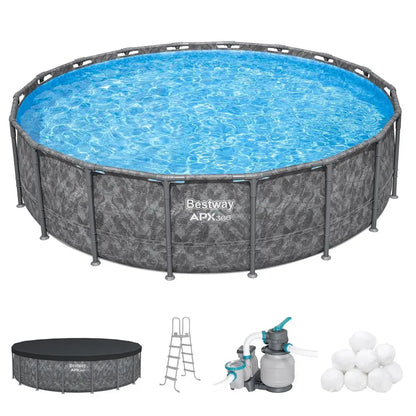 APX 365 18 x 52 Above Ground Pool, Round Metal Frame Outdoor Swimming Pool Set with Sand Filter Pump, Ladder, and Cover, Custom