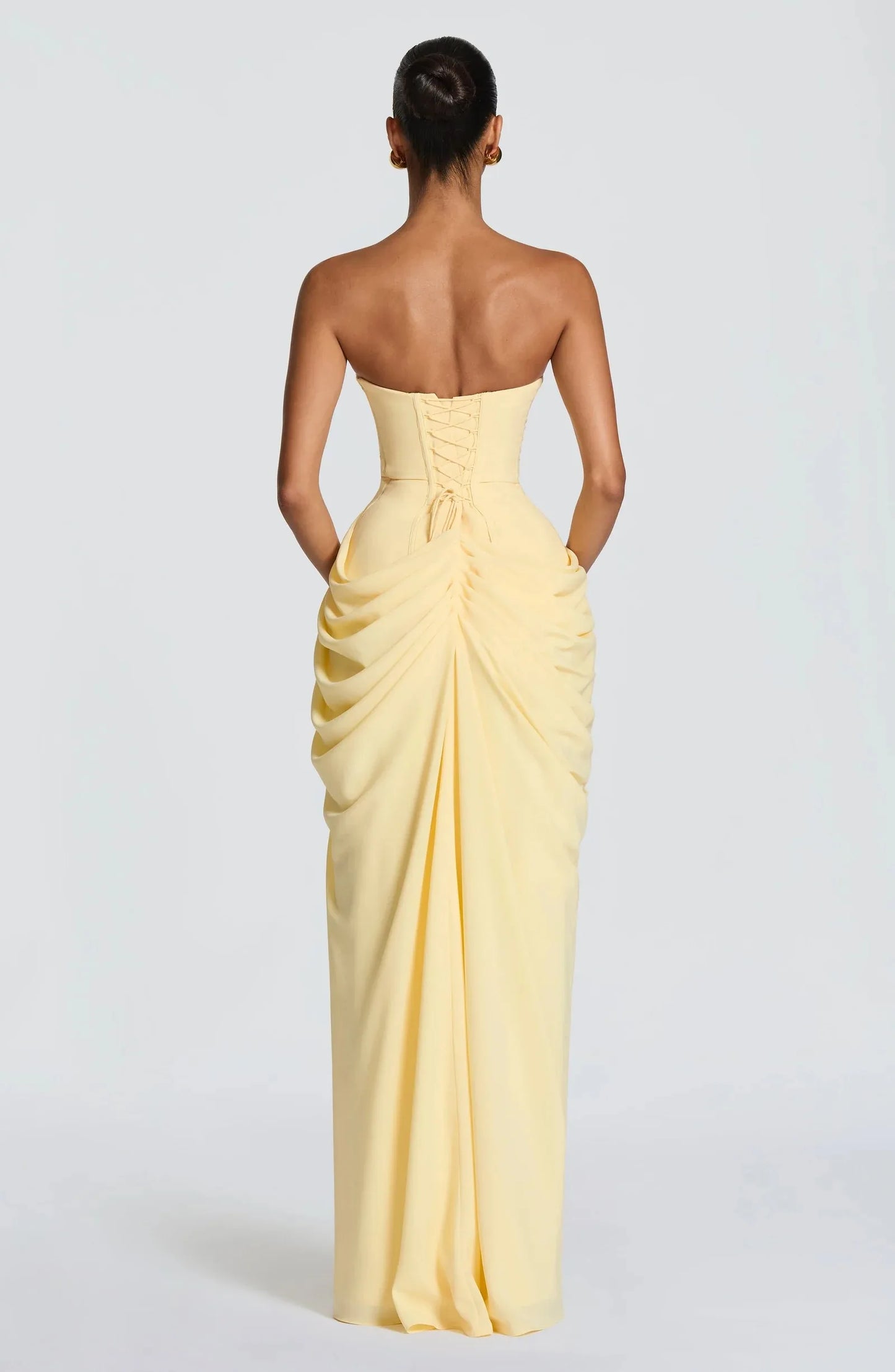 Yellow Chiffon Maxi Dress Elegant Halter/Strapless Ruched Formal Evening Gown High Slit Prom Dress for Wedding Cocktail Party