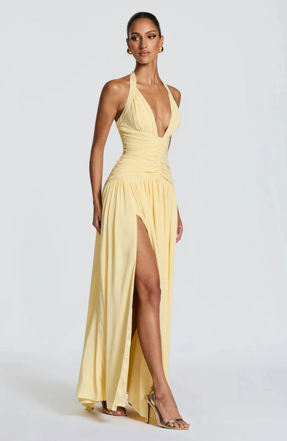 Yellow Chiffon Maxi Dress Elegant Halter/Strapless Ruched Formal Evening Gown High Slit Prom Dress for Wedding Cocktail Party