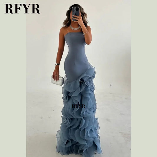 RFYR asymmetrical prom gown in light blue with tiered layers and ruffles, perfect for formal occasions and parties.