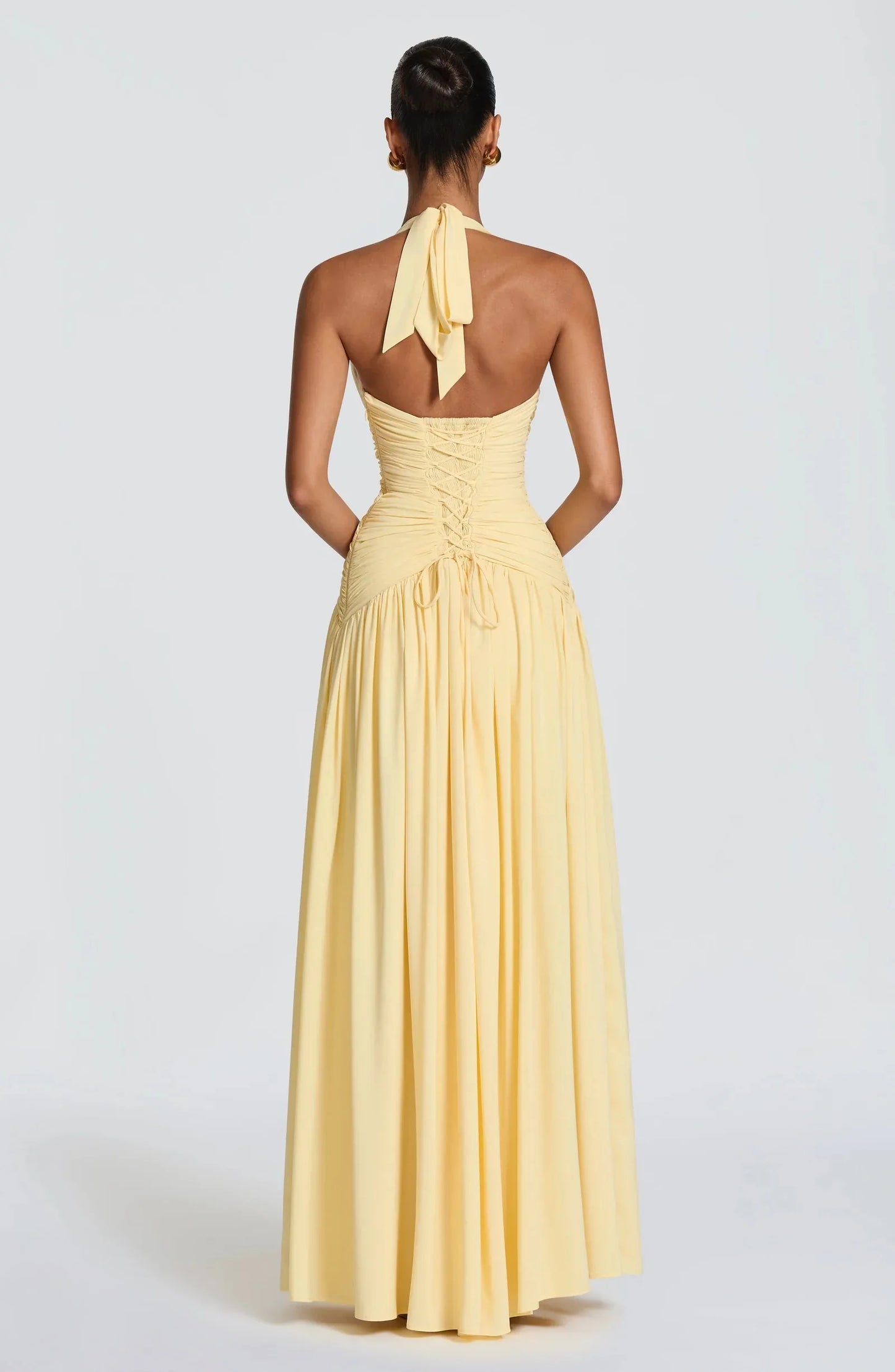 Yellow Chiffon Maxi Dress Elegant Halter/Strapless Ruched Formal Evening Gown High Slit Prom Dress for Wedding Cocktail Party